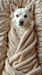 close white dog wrapped beige blanket dog appears chihuahua similar breed long fluffy fur pointed ears looking directly camera curious expression blanket wrapped around dog body covering its head