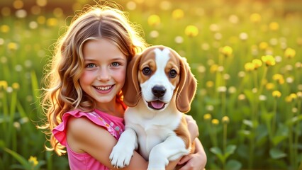 portrait young girl blonde hair wearing pink dress holding small puppy her arms puppy beagle brown white fur looking directly camera its tongue hanging out girl smiling appears happy background field
