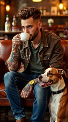 young man sitting brown leather couch his dog wearing brown jacket blue jeans brown boots has beard tattoos his arms legs man holding white coffee cup his hand looking off side serious expression his