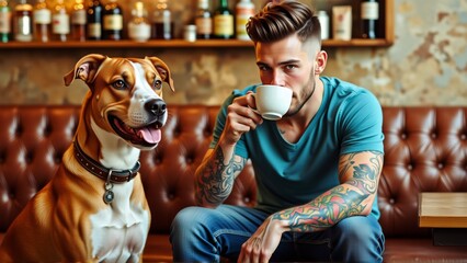 young man sitting brown leather couch dog sitting next him man wearing blue shirt has tattoos his arms legs holding white coffee cup his right hand looking camera slight smile his face dog brown