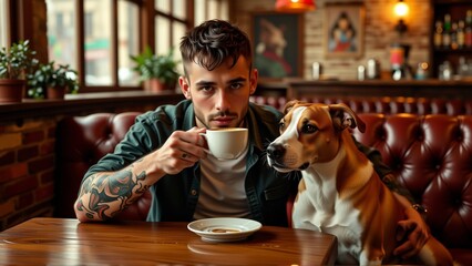 young man sitting wooden table restaurant holding white coffee cup his hand has tattoo his arm next him brown white dog sitting armrest table man looking camera serious expression his face background