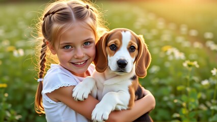 young girl blonde hair wearing white dress hugging small beagle puppy girl smiling looking camera puppy brown white color resting its head girl shoulder background field green grass yellow flowers