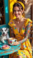young woman sitting table cup coffee donut front her she wearing yellow dress colorful floral patterns has tattoos her arms chest she has yellow headband tied bun smiling camera behind her dalmatian