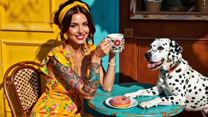 young woman sitting table dalmatian dog woman wearing yellow dress colorful floral patterns has tattoos her arms chest she holding white mug pink flower design smiling camera dog sitting next table