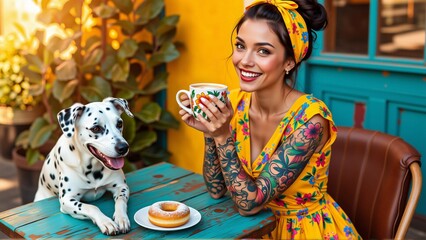 young woman sitting wooden table dalmatian dog woman wearing yellow dress colorful floral patterns has tattoos her arms chest she holding white mug colorful design smiling camera table front her