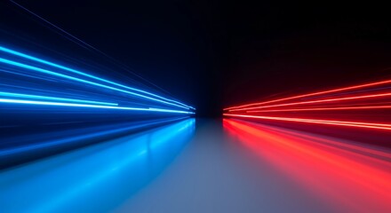 Abstract blue and red light trails symbolizing high velocity, rapid movement, acceleration, and powerful kinetic energy transmission on a white surface, rapid, ripple, physics
