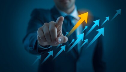 A  businessman pointing at a glowing upward arrow hend direction amidst a cascade of smaller arrows
