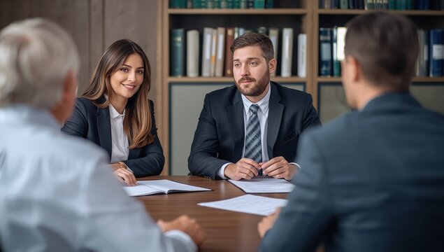 Lawyers advise clients in-office on agreements and financial issues for fairness and legal compliance - Powered by Adobe