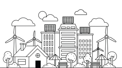 A vibrant cartoon cityscape with eco-friendly wind turbines and solar panels