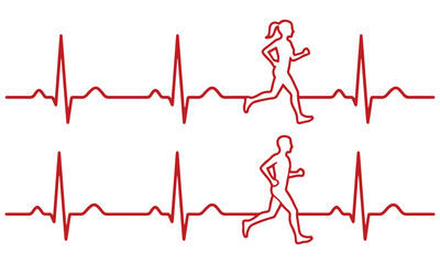 Cardio Fitness Heartbeat Running Man and Woman Silhouettes with ECG Line Health and Wellness Vector Graphic