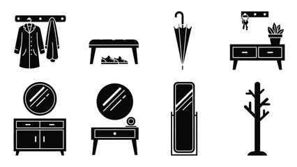 A collection of black and white icons depicting various household furniture items
