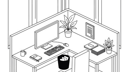 A modern office cubicle with a computer and plants in a city setting