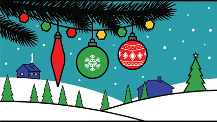 A colorful cartoon winter scene with Christmas ornaments and snow covered houses