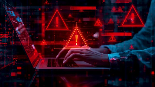 Hacker Hands Typing Laptop Red Warning Alerts Danger Cybersecurity Threat