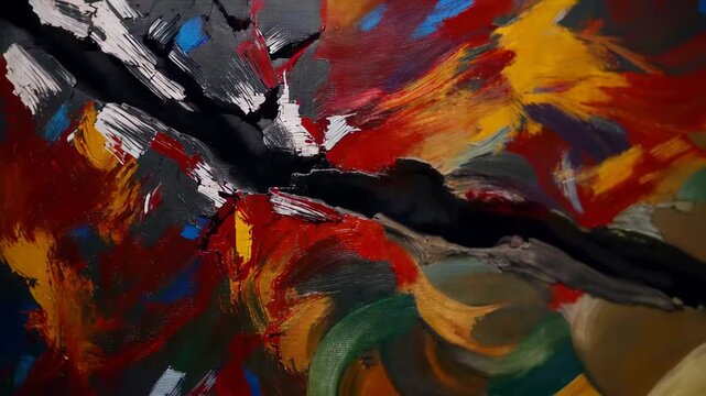 Exploring a large artwork with vivid colors and unique texture in a gallery at sunset