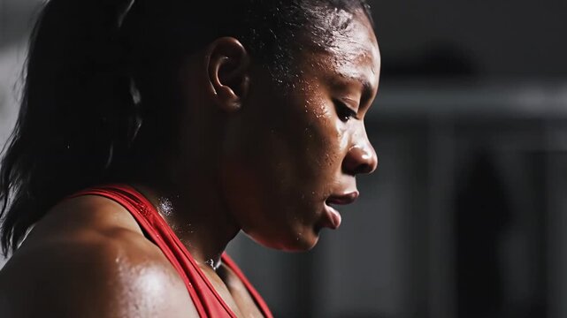 Focused athlete resting after intense workout showing sweat determination resilience and strong fitness mindset indoors