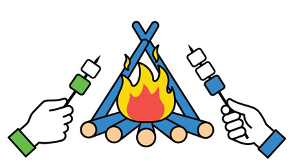 A cartoon illustration of hands holding skewers over a campfire