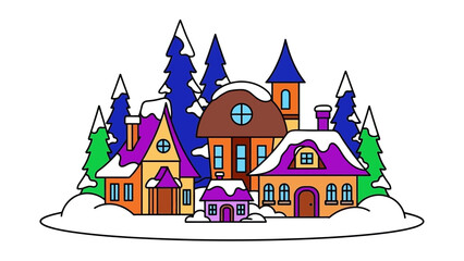 A colorful cartoon illustration of a snow-covered village with houses and trees