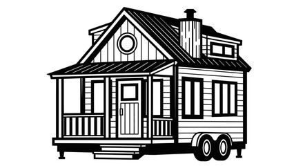 A black and white illustration of a small house on wheels with a porch