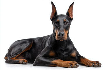 Doberman dog lying down with alert expression and cropped ears on white background