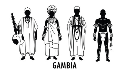 Traditional Gambian people in cultural attire standing together in a line