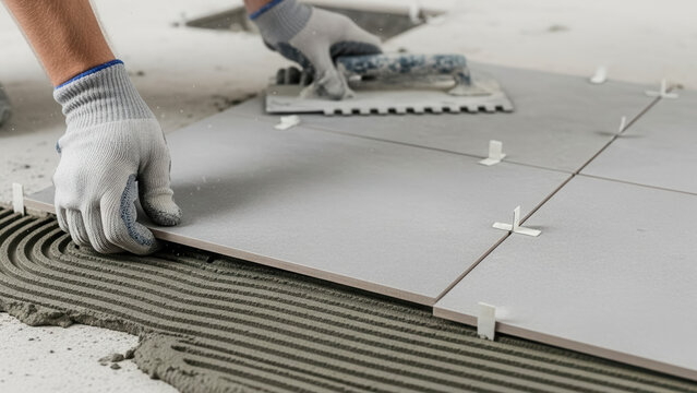Builder hand placing tile on mortar bed in construction site, flooring installation and renovation