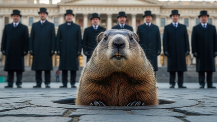 Groundhog emerging on civic square with men in overcoats, tradition and seasonal event in cold morning