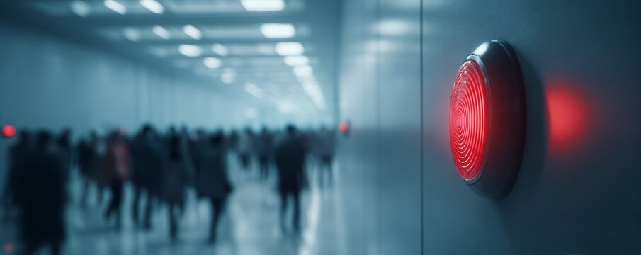 Red emergency button glowing in dark corridor with reflective surfaces and repeated lights creating futuristic atmosphere