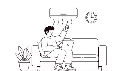A man sitting on a couch with a laptop and feeling the air conditioning