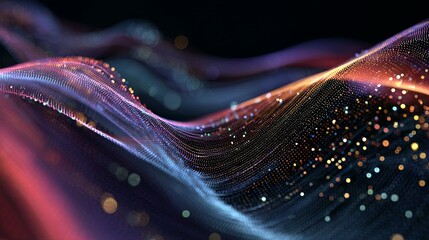 Abstract wave of shimmering particles with digital art, flowing, energy, and technology background.