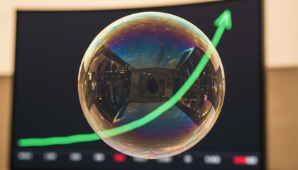 Large, curved screen displaying a strong upward green trend line, with a colorful, iridescent bubble floating in the foreground