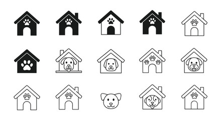 Fototapeta premium Collection of dog house and pet shelter icons featuring paw prints and cute canine faces in outline style.