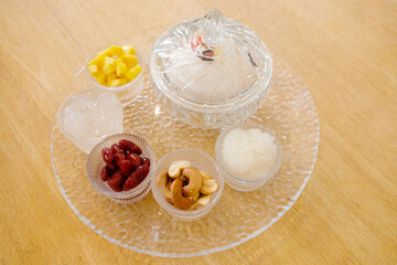 A decorated ice cream set served in a glass bowl ,Ice cream concept.