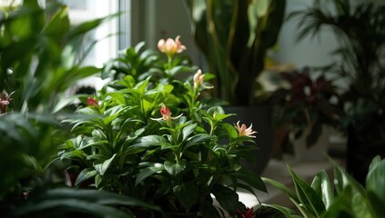 Indoor photo of a desk featuring a white bucket chair, small plant, laptop, candles, light fixtures, and a big window revealing greenery and blue sky