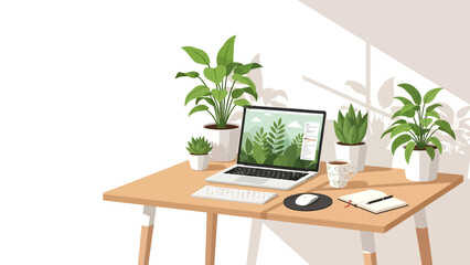Cozy home office workspace with laptop and plants on wooden desk