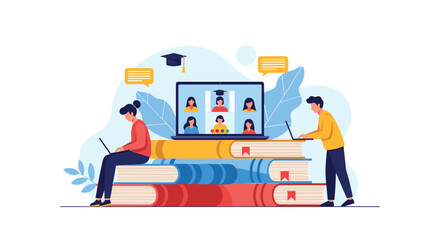 Online education concept with students using laptops while sitting on giant books with a virtual classroom shown on a computer screen.