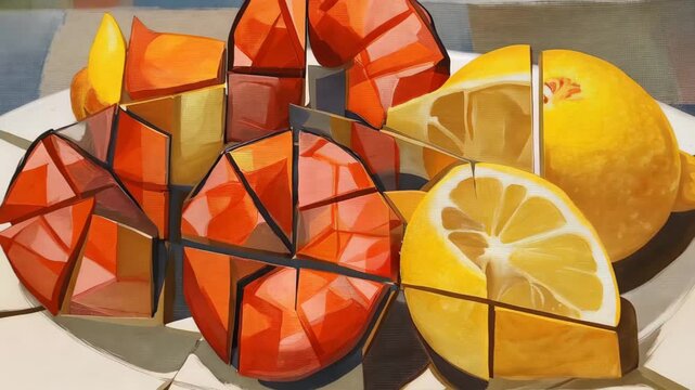 Fresh shrimp and lemon on a plate with colorful background and geometric patterns during a sunny afternoon
