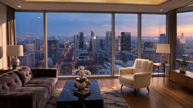View of city skyline during sunset from modern apartment in downtown area with large windows and cozy furniture arrangement