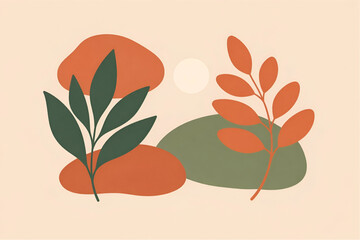 Minimalist abstract botanical vector illustration featuring stylized leaves and organic shapes in warm earthy tones. Modern flat design with clean composition, ideal for wall art, branding, and decor.