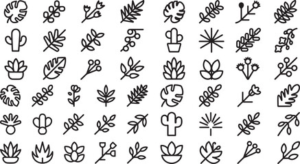 collection of various line drawn plant icons and leaves in a grid