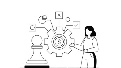 A woman interacts with a large gear containing a dollar sign surrounded by various charts and graphs