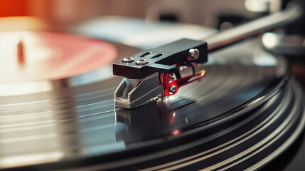 Turntable needle playing vinyl record in close up studio shot
