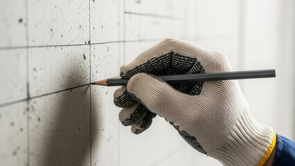 Builder hand marking wall with pencil, construction planning and guide lines in rough interior