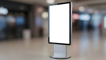 Digital signage display stand in a shopping mall or public space with blank screen