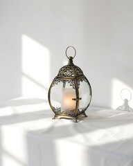 Vintage bronze lantern with glowing candle inside casting soft dramatic light shadows