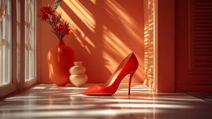 Runway inspired fashion card with bold statement heels arranged with designer accessories and spotlight lighting showcasing creativity and couture