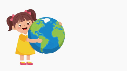 Happy little girl hugging the Earth with a big smile