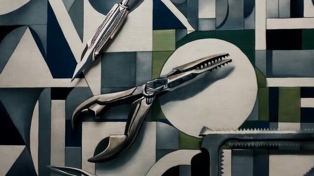 Tools arranged on a patterned surface showing shapes and colors in a closed space, creating an artistic display in a workshop