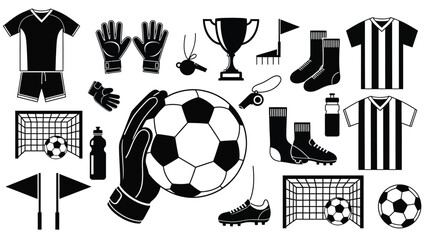 A collection of black and white soccer equipment and accessories on a white background