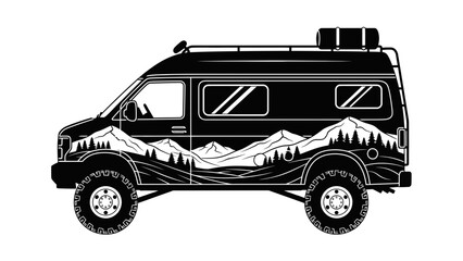 A black and white illustration of a van with a mountain design